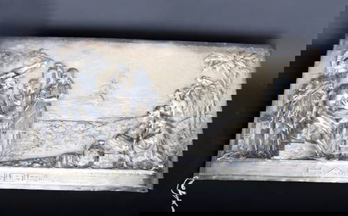 Large Silver High Relief Plaque: Handel Industries early 20th century plaque depicting gifts and trade being delivered to the Greek Olympian god Hermes. 24 1/4" L x 12 1/4" H