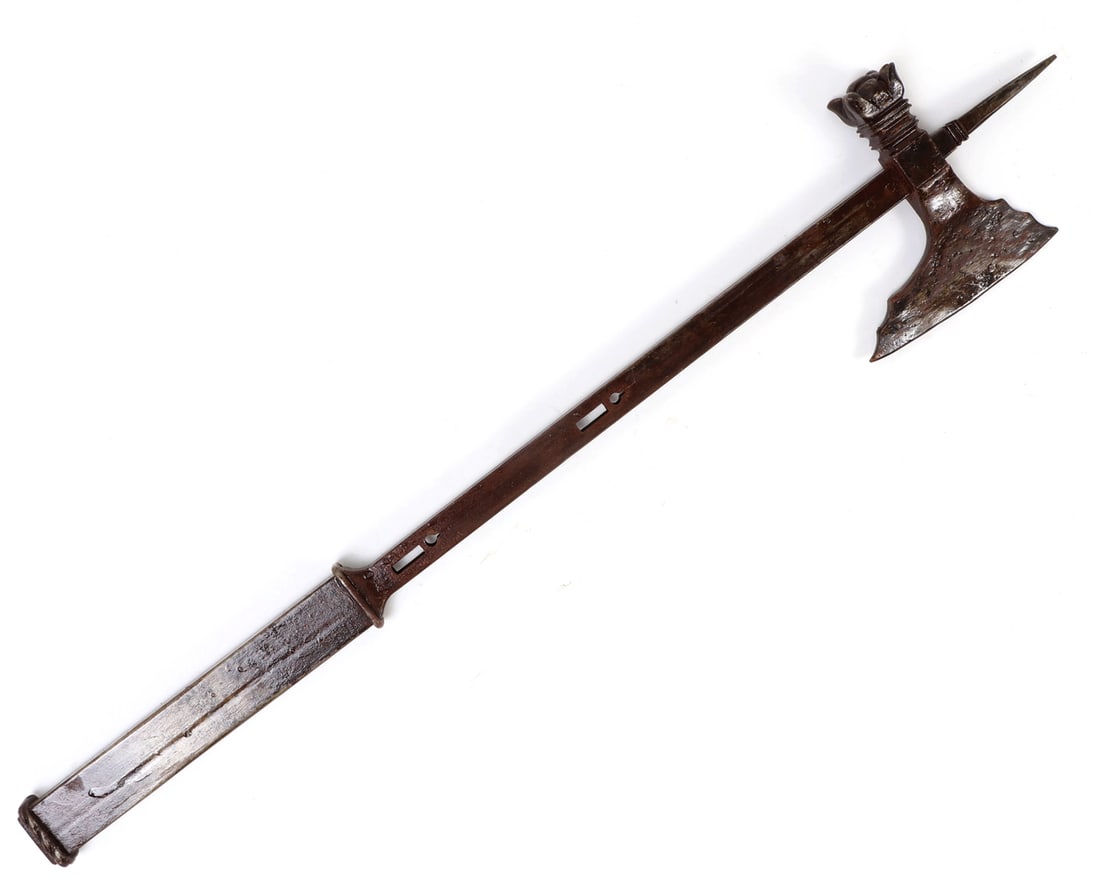 Warhammer Combination Axe, 16th C. Style: All-Steel Warhammer combination axe in the 16th century style. Handle with a band of twisted steel to the base of the hollow iron grip. Hollow steel shaft of the hammer with two pierced openwork secti