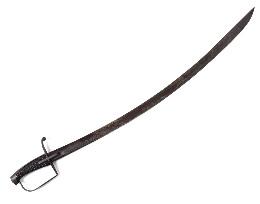 French Officer's Sword, Napoleonic War circa 1790-1810: Antique Napoleonic War French officer's sword circa 1790-1810. Nice example with a long slightly curved single edge blade with wide shallow fuller. Steel guard with single downturned quillion and sing