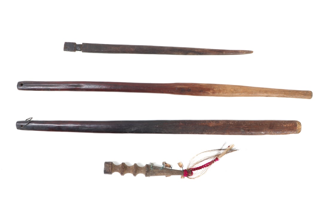 Group of Three Wood Clubs and Wood Handle: Nice group lot of three wood clubs from the Philippines with one wood handle with hammered silvered decorations around the base as well as colored fibers. Size 24 3/8" L