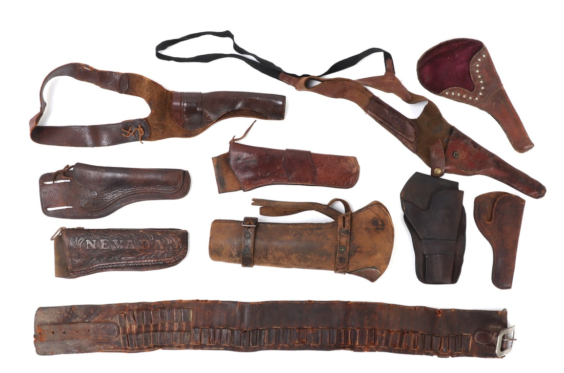 Assorted Lot of Western Holsters & Accessories: Great Collection of holsters with two having belts and one bandolier. Probably 19th - 20th century. Each piece showcases craftsmanship typical of Western wear, with some items bearing embossed details