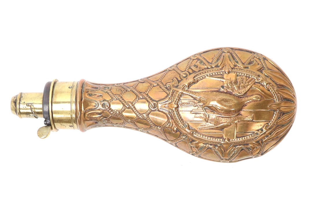 Embossed & Gilt English Powder Flask by G & J.W. Hawksley Sheffield: Beautifully embossed and gilt powder flask with varying charge tip in brass. Body in gilt copper with an intricate scene of interlocking rope with a central motif of hanging game birds. Signed G & J H