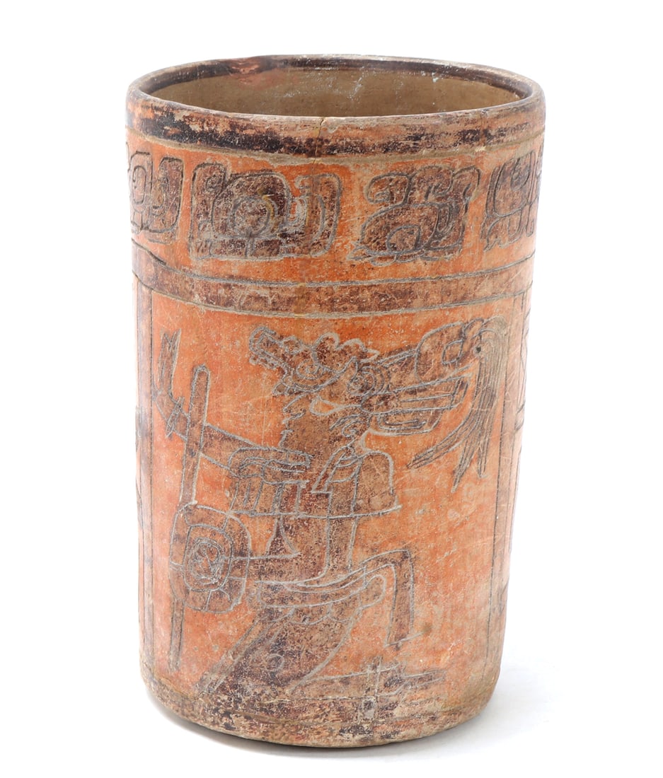 Fine Ancient Maya Pottery Cylinder: Beautiful ancient Maya cylinder, circa 600-900 AD. Handsomely hand crafted Maya pottery cylinder, incised warriors and geometric designs throughout the entirety of the vase. Each warrior is depicted h