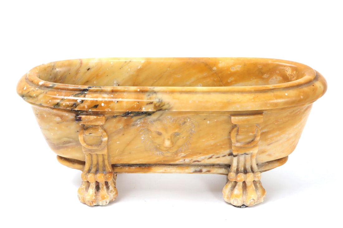 'Grand Tour' Alabaster Roman Sarcophagus Bath w/ Lion Mask: Wonderful Grand Tour period alabaster Roman sarcophagus or labrum bath with lions paw feet and a single lions head in relief to either side. Purchased by Victorian era aristocrats during their travels