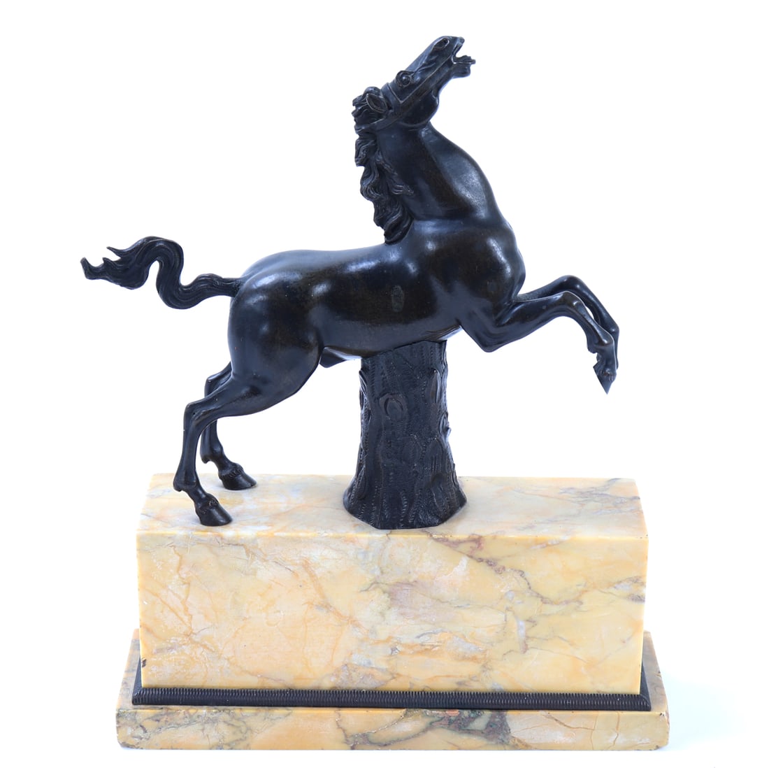 Gorgeous Heavy Bronze Statue of a Horse w/Grand Tour Sienna Marble Base: Lovely original Grand Tour Sienna and bronze statue of a horse rearing up on his hind legs, supported by a bronze stump looking centerpiece. Original ochre color marble base with lovely added detail i
