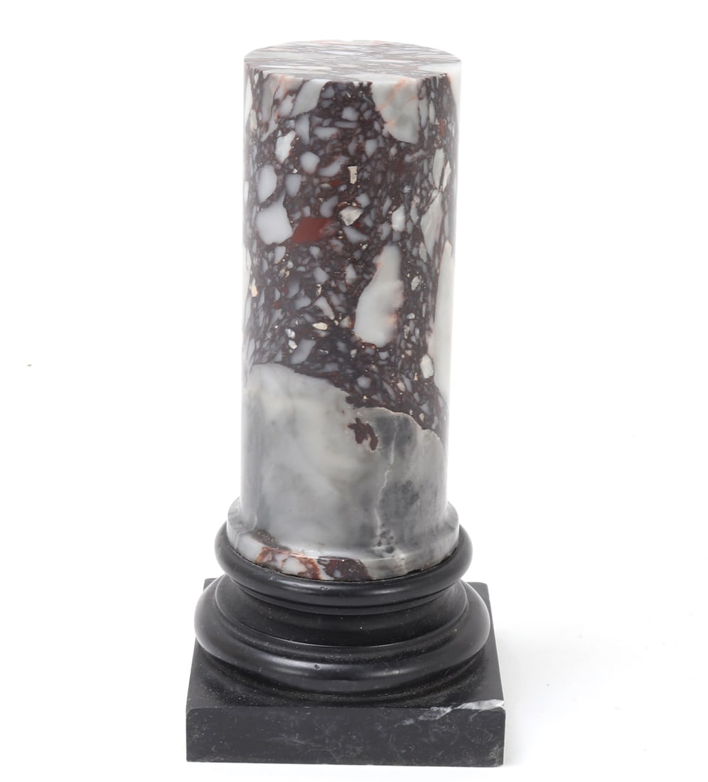 Lovely Italian Marble Base & Marbled Granite House Column: Beautiful Italian made house column with a fine black marble base. House column in a handsome heavy gray granite stone with red, white, and black throughout. Size 8 1/8" H, weight 5.4 lb.