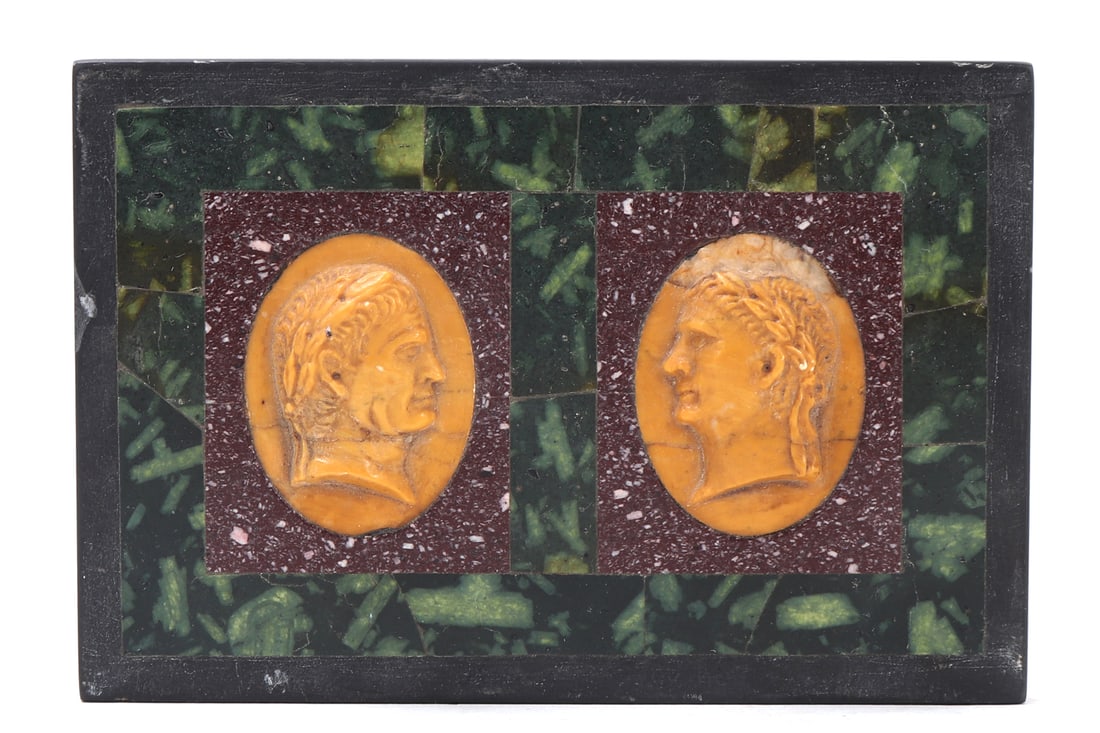 Pair of Italian Marble Relief Sculptures of Adrian & Augustus: Lovely plaque of Adrian and Augustus carved in high relief in a bright Sienna yellow marble matched against red, green and black marble in a gorgeous mosaic pattern throughout. Size 5 1/2" L x 3 3/4" 