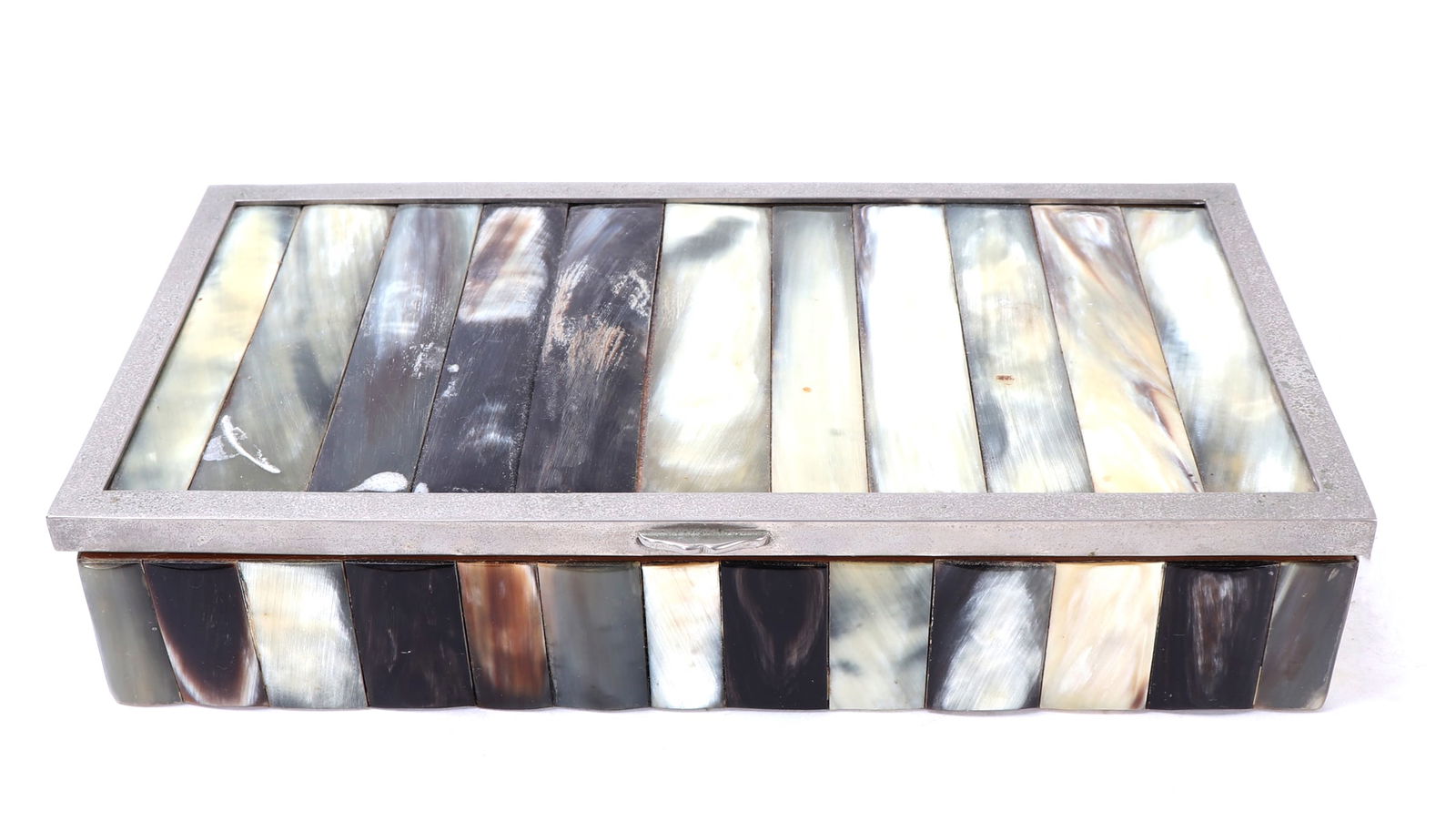 1970's Shell & Bone Cigarette Box: Beautiful hand crafted cigarette box comprised of bone and shell panels throughout, including a lovely silvered frame. Three compartments in wood to the interior. Size 9" L x 4 3/4" W