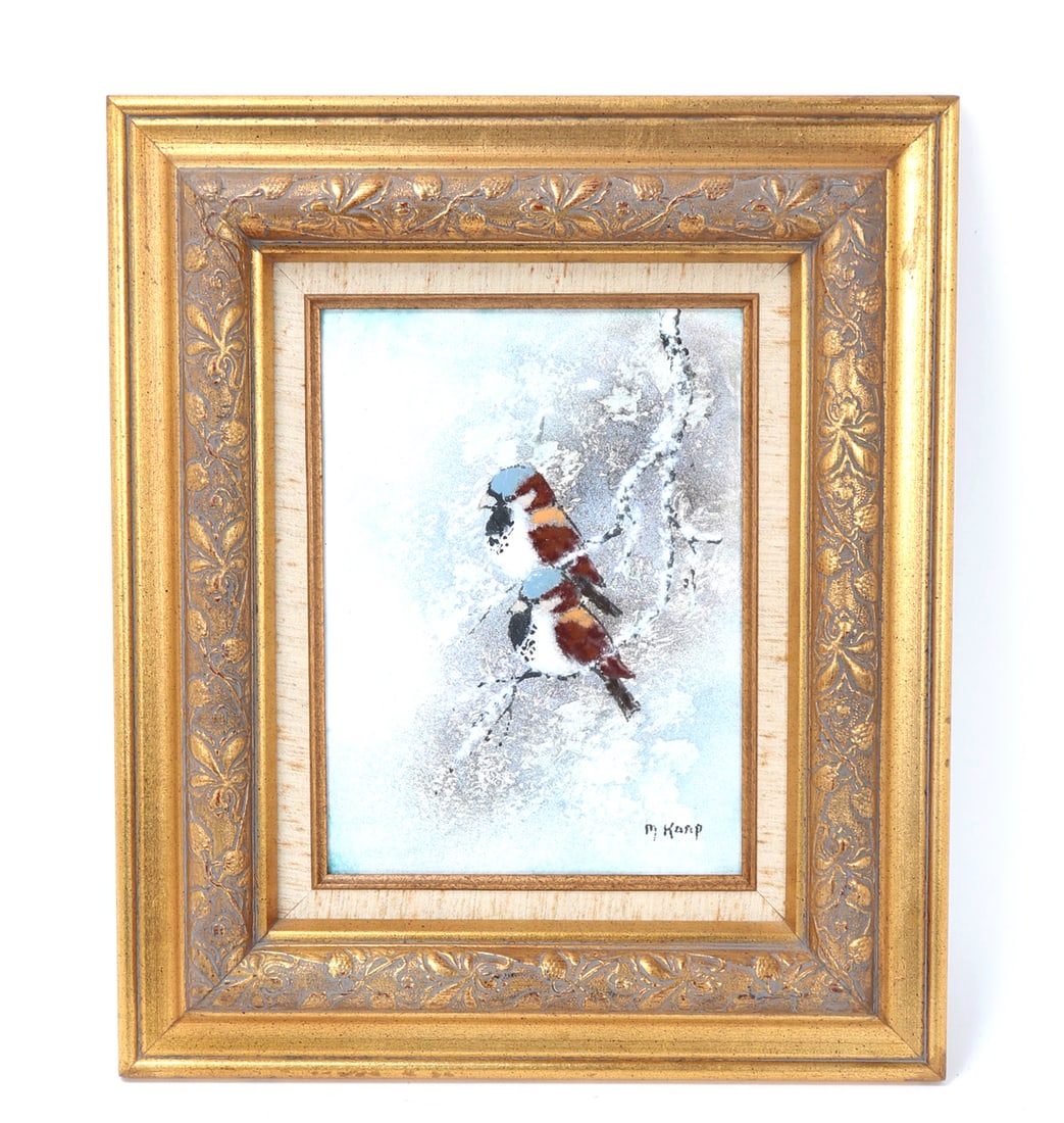 Gorgeous Enamel on Copper, Finches in Winter, Max Karp (1918 - 1999): Max Karp (1918 - 1999) enamel on copper depicting a pair of blue crested finches perched on a snowy tree in the winter. Breath-taking blue keeps the viewer engaged as you land on the blue crested finc