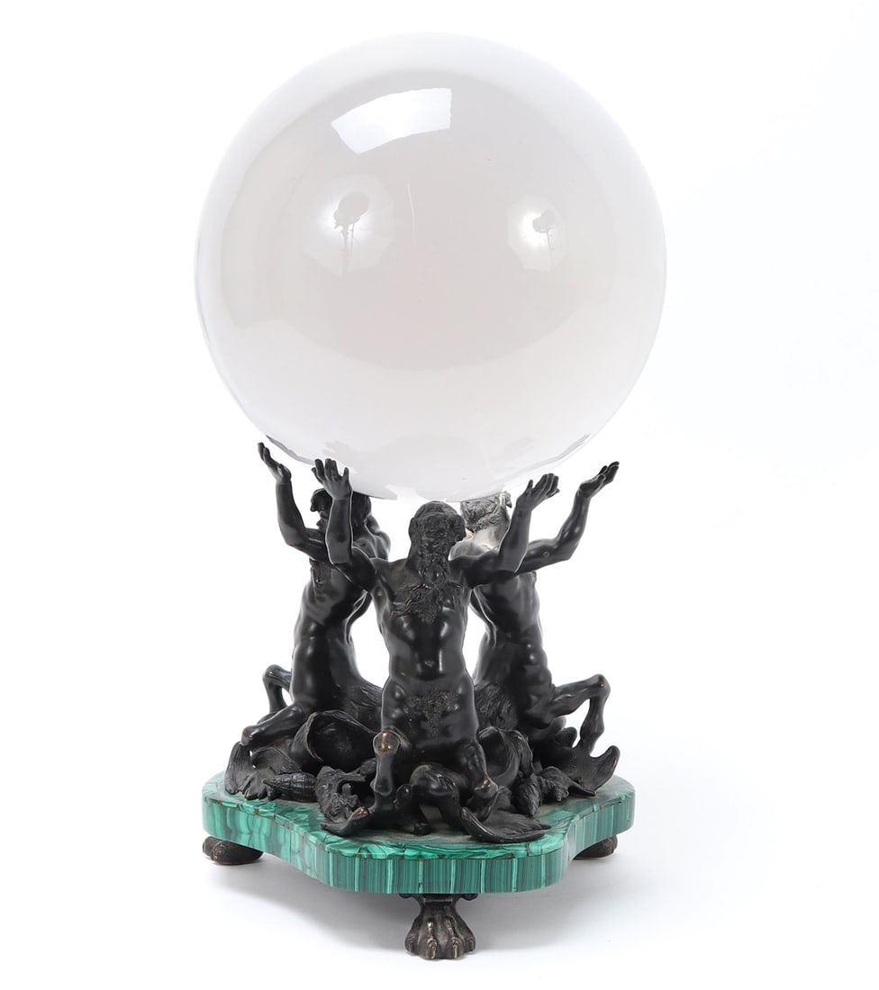 Marble & Bronze Specimen Sphere Sculpture: Fantastic Italian or French Bronze sculpture with malachite base and large specimen sphere orb with numerous varied rare stones. Base with lion paw feet under a malachite stone over wood with three br