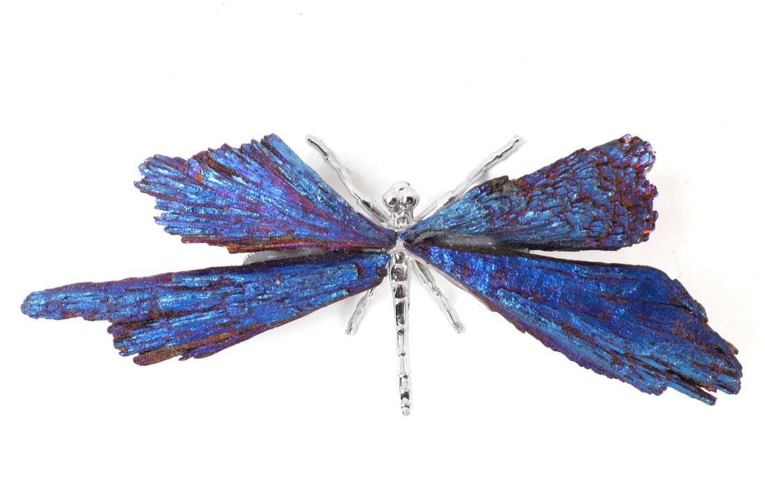 Gorgeous Bright Blue Tourmaline Dragonfly: Beautifully crafted dragonfly with natural raw blue tourmaline wings and sterling and brass body. Size 5 1/8" W, weight 59 g