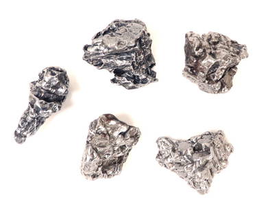 Five Campo del Celio Meteorites: Five fine ancient meteorite specimens from the Campo del Celio meteor sight. Lovely silvered shine throughout each with various shapes and sizes. Size of largest 1 1/4" L, weight 27 g