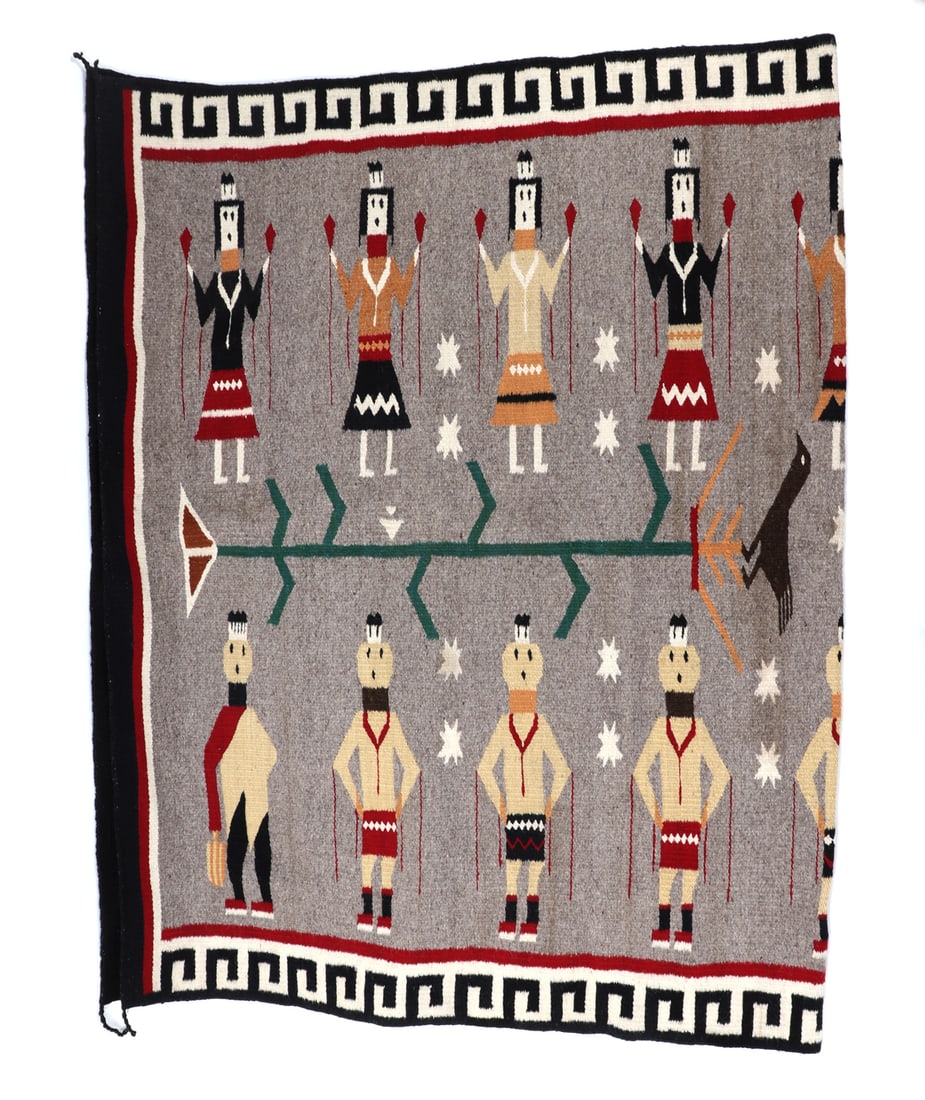 Vintage Navajo Yei Rug, 4.5' x 8': Excellent Navajo "Yei" rug with key fret boarders and grey background with crow atop a tree and native American Yei Deity figures in the foreground. Handwoven wool construction with excellent craftman