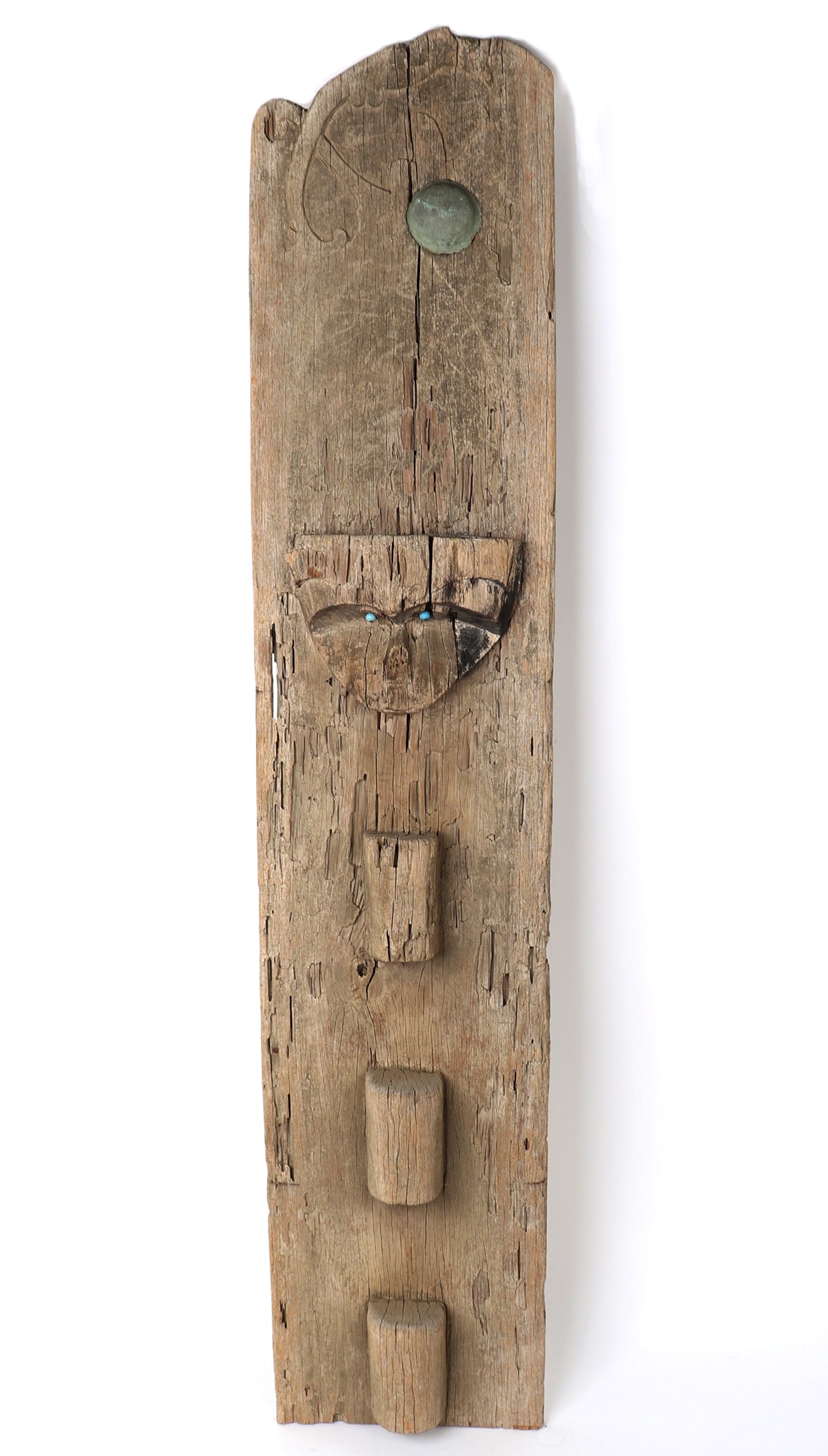 Rare Borneo Chiefs Ladder, Ironwood with Copper Sun: Early 20th century exquisite step ladder with affixed copper ball shaped sun and incised designs above, similar to branches with leaves. The ladder has three cylindrical steps, and a face shaped 'shel