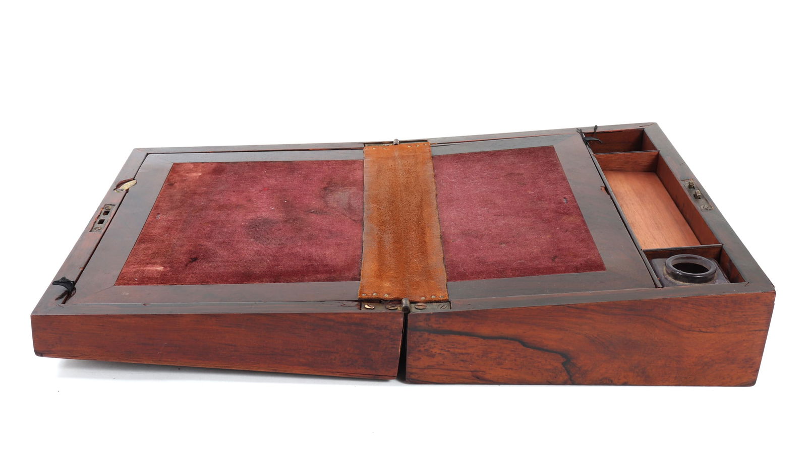 Beautiful Antique Traveling Desk: Lovely antique wood traveling antique desk with lovely red velvet interior. Pink glass inkwell with separate sections for storing writing and drawing supplies. Size closed 11 3/4" L x 8 1/2" W x 3 7/8