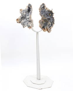 Butterfly Agate Quartz Geode on Custom Stand: Agate geode with druzy quartz to interior which has been split to show the matching halves. Size 19 1/8" H, 58" H on stand, Weight 82.5 lb