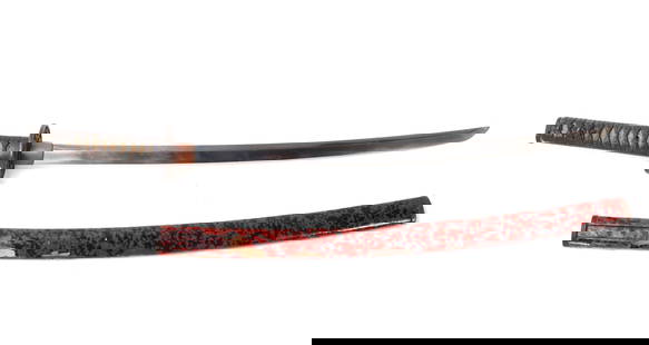 Japanese Katana Sword & Scabbard: Japanese Katana sword and scabbard. Pierced open work iron tsuba. Lacquered cotton grip over ray skin with a locus menuki. Marble red and black lacquered scabbard. Size 29" L, blade 21" L