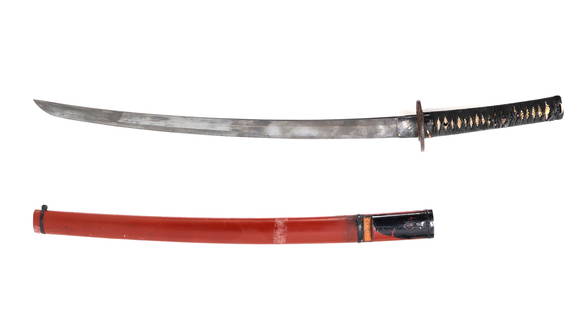 Japanese Sword w/ Scabbard, WWII: Japanese wakizashi sword with scabbard in the WWII Nco type 95 officers style. Size 30 1/8"L, Blade 21 5/8" L