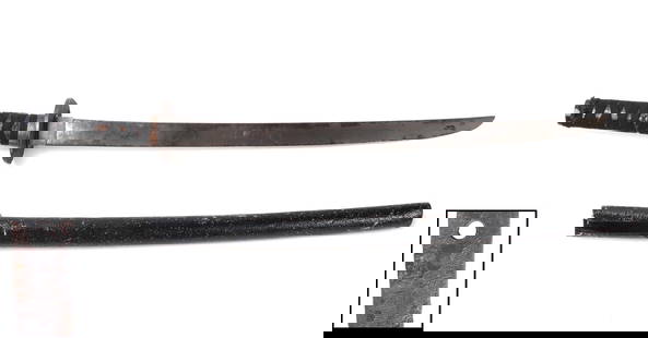 Japanese Wakizashi Sword, Signed: Antique Japanese wakizashi sword signed to the tang with two character mark, single edged curved blade that narrows at the tip. Black textured lacquer scabbard. Pierced openwork tsuba with bubble styl
