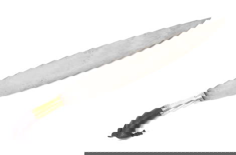 Philippines Moro Barong Sword: Filipino Moro barong sword with kakatua wood handle. Leaf shaped blade connects to brass handle with incised rings to the top and bottom. Dark wood pommel carved in the form of a kakatua with ornate c
