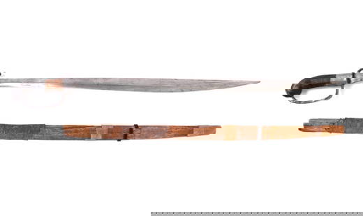 Rare Visayan Talibong Sword w/ D guard: Rare Visayan Talibong/Binangon sword with banded wood sheath. Slender single edged blade with double edged tip and thick 1/4" spine. Blade terminates into guard with "BB" stippled to one side below th