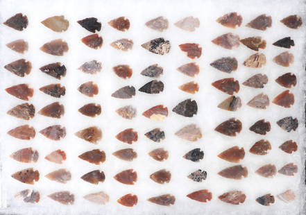 Collection of 81 Arrowheads: Wonderful collection of varied stone hand napped arrowheads. Eighty-one pieces in total with stones color varying from pure white, pink, red, brown, black and more throughout. Size 1 3/8" L, Weight 4