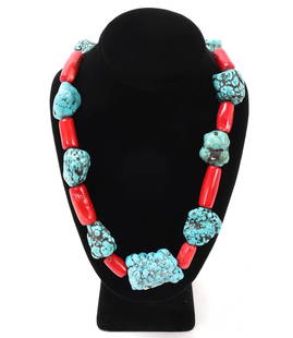 Gorgeous Raw Turquoise & Bright Red Coral Necklace: Beautiful heavy chinky turquoise bead and turquoise beaded necklace. Turquoise lightly tumbled and polished, coral in smooth tube shaped beads. Size 22" L, pendant rock 1 1/2" L