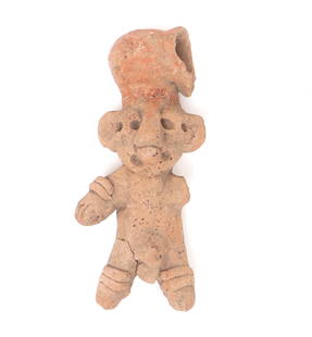 Pre-Columbian Colima Male Figure: Pre-Columbian, probably Mexico City or Vera Cruz Terracotta figure circa 450-900CE. Male figure loss to arm. Large headdress with pierced opening at either side for suspension. Remnants of red pigment