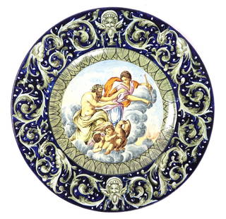 Italian Hand Painted Majolica Charger: Gorgeous Renaissance era style Italian hand painted Majolica charger with a white underglaze, beautiful deep blue background around the frame. Center features a mythological scene of a man and woman a