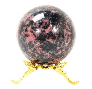 Gorgeous Rhodonite Quartz Polished Sphere: Beautiful heavy rhodonite quartz perfectly polished sphere. Lovely rose coloring mixed through compressed manganese. Displayed on a beautiful gold painted butterfly stand. Size 2 5/8" W
