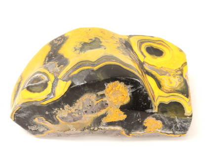Gorgeous Freeform Bumblebee Jasper Mineral Specimen: Beautiful bright yellow bumblebee jasper mineral specimen. Incredible water drop waves throughout including jet black coloring throughout. Size 5 1/2" L x 3" W