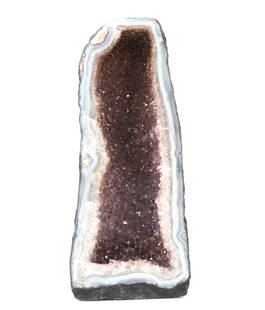 Impressive 34 lb Amethyst Geode Cathedral: Large cathedral form amethyst geode from Brazil with a unique lighter violet almost purple hue to the crystals. The crystals are framed in a beautifully polished face. Size 18 1/4" H, weight 34 lbs, 1