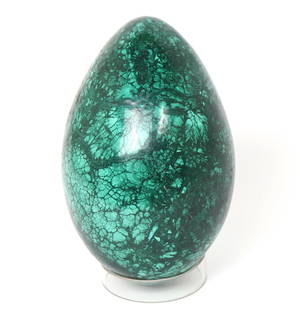 Large Polished Malachite Egg - 12lbs: Perfectly polished section of malachite shaped into the size of a peculiarly large egg. Malachite often mined from Congo, Gabon, Zambia and is found typically above copper deposits in stalactites or c