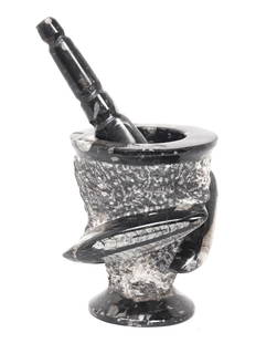 Lovely Fossil Mortar and Pestle, Orthoceras Fossils: Fantastic mortar and pestle with preserved Orthoceras fossils remaining in high relief around the exterior of the bowl. A fossilized pestle with rings around the handle for additional grip. Size 5" H,