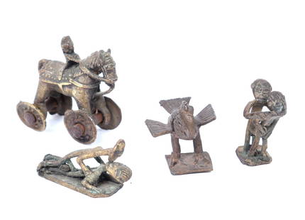 4 Bronze Miniatures, Asante Weights & Indian Horse: Lot of 4 miniatures bronze. Asante erotic gold weight of two lowers in bronze laying down. Asante / Akan erotic gold with of two lovers standing. Early Balinese or Indian bronze horse on wheels with a