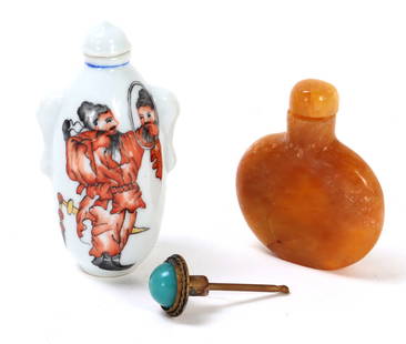 Chinese Snuff Bottles & Stopper: Group lot including a Chinese porcelain snuff bottle as well as a stone carved snuff bottle, and spare stopper with lovely bright turquoise colored stone. Size 2 3/4" H, weight 47 g