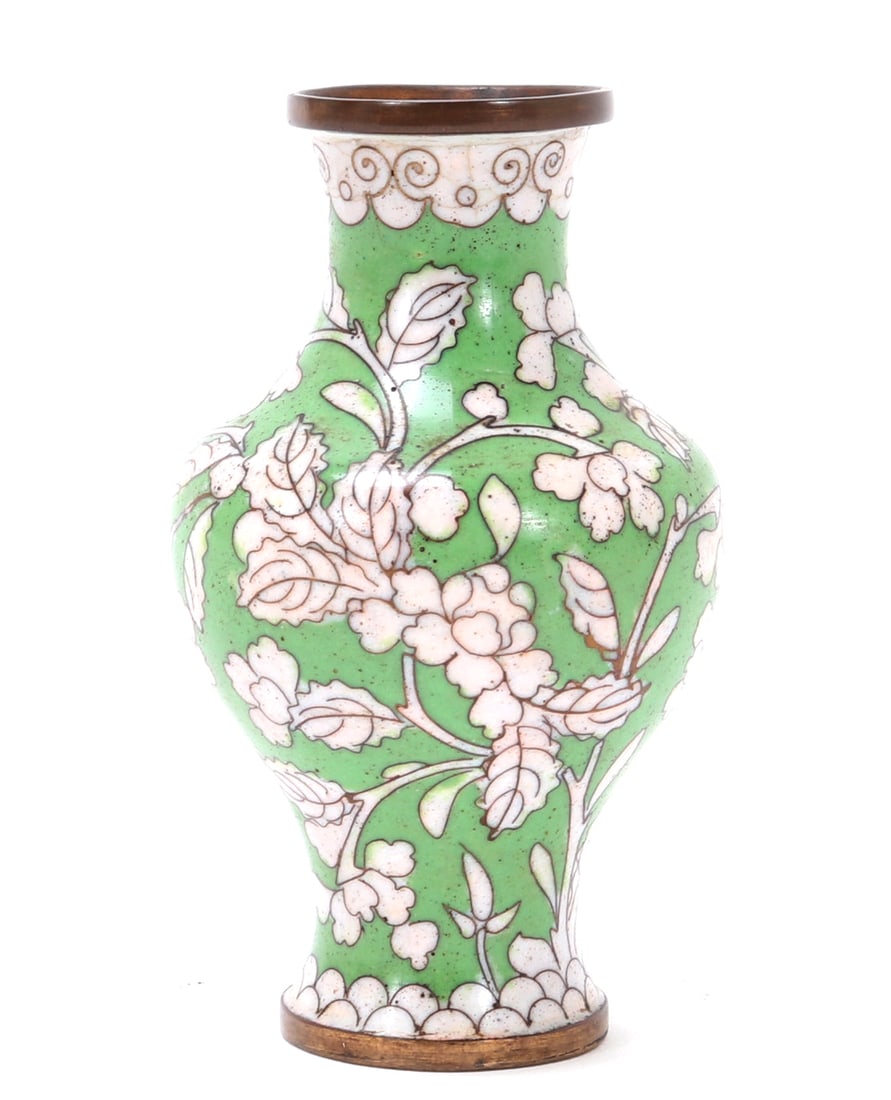 Adorable Miniature Chinese Cloisonne Vase: Lovely light green background Chinese cloisonne vase with lovely baby pink blooming flowers throughout. Ruyi boarder to the neck with a bubble boarder to the foot. Amphora shaped body with narrow foot
