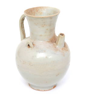 Chinese Song Dynasty Style Lobed Ewer: Chinese terracotta white glazed ceramic vase in the Song dynasty style. Handle reverse with two small loops at either side behind the spout which is short an hexagonal. Size 7" HEx-Pasadena Estate