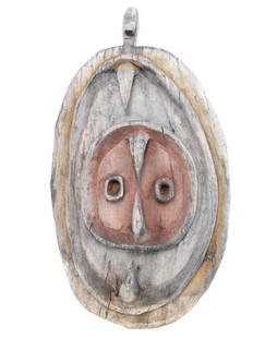 Wood Carved Bahinemo ‘Garra’ Hook Mask: Handsome hand carved wood mask from Papua New Guinea. Mask is carved and made of solid wood and decorated with natural, red, orange, black and white pigments. The large oval face is highlighted by two