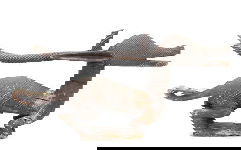 Bamana Headdress, Mali: Handsome Bamana headdress from Mali also known as and commonly referred to as a Chiwara. Long antelope style horns, incised ribbed pattern throughout the entire body of the figure. Size 30" L, weight