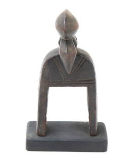 Senufo Bird Beak Face Weaving Heddle Pulley, Ivory Coast Africa: Nice hand carved wood loom pulley, in the shape of a bird beak with incised bands to the face, and inlayed shell eyes. Supported on a custom wood stand for easy display. Size 8" H, weight 194 gCollect
