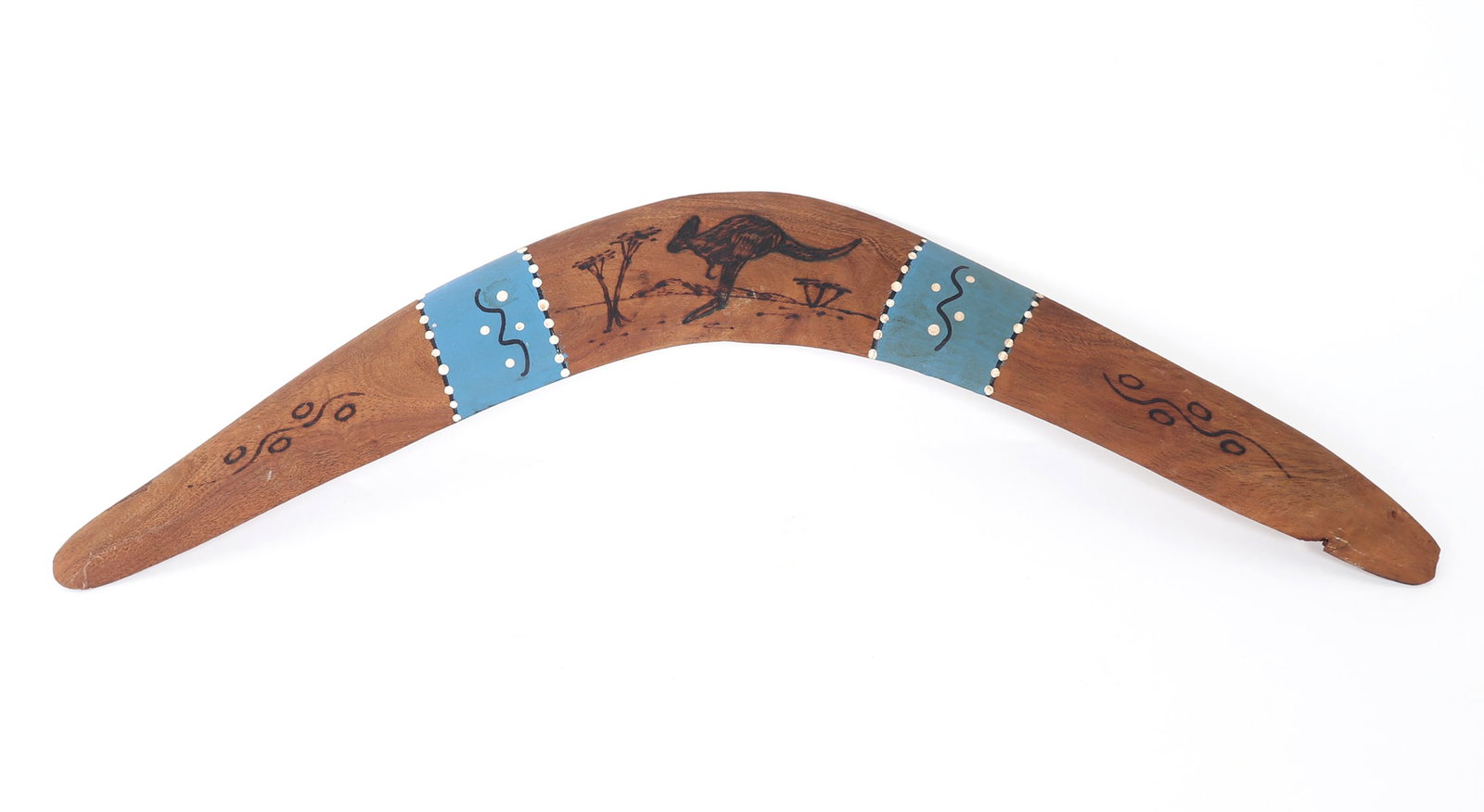Modern Yita Yita Tribe Boomerang: Yita Yita or Yitha Yitha tribe boomerang in smooth carved wood with a band of blue to either side of a kangaroo drawing. Size 20 1/2" L