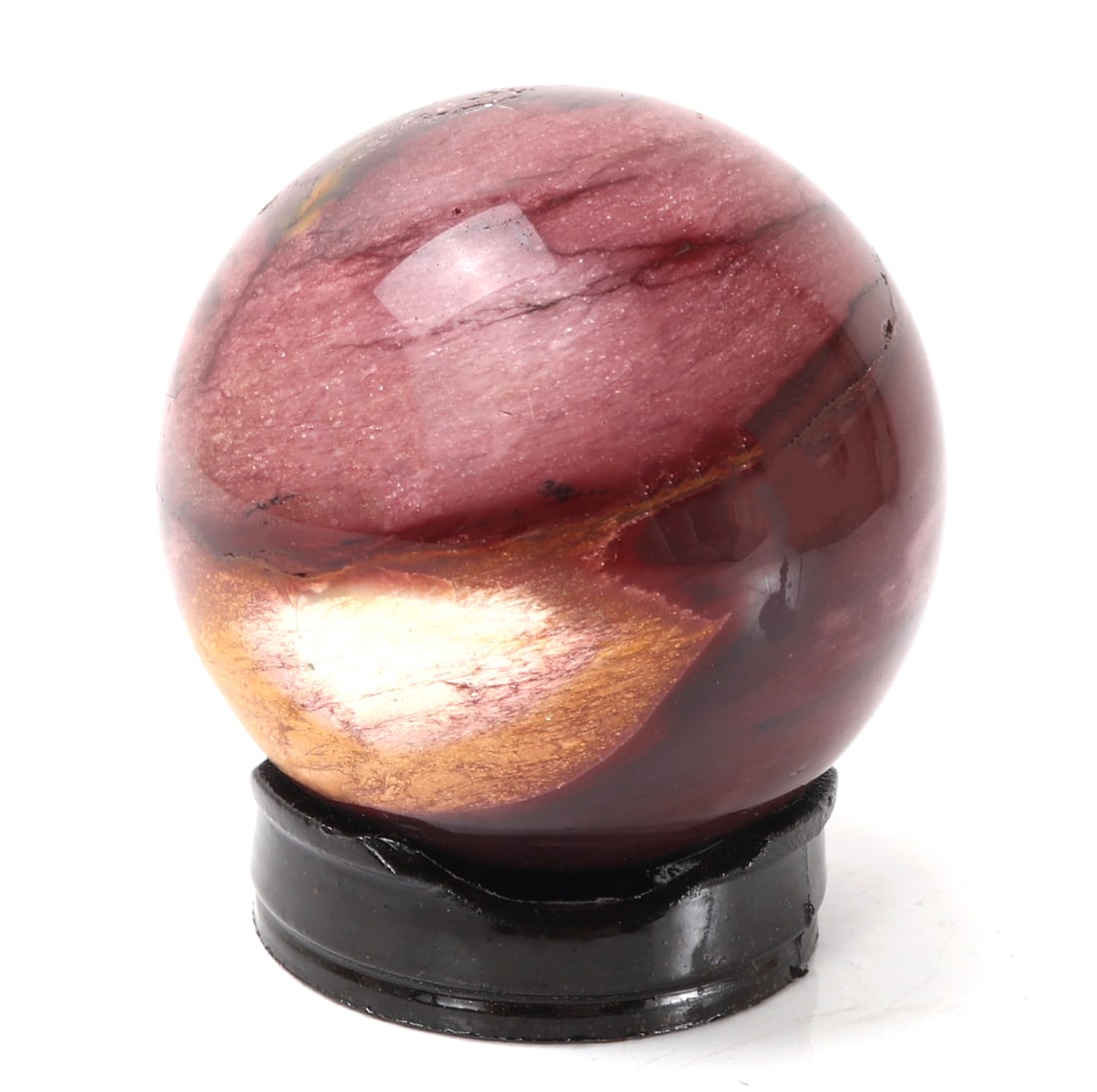 Wonderful All Natural Mookaite Jasper Sphere w/Stand: Gorgeous all natural polished Mookaite jasper sphere mineral specimen with incredible coloring throughout including a wonderful warm merlot coloring with a bright orange and cream spot to one side. Si