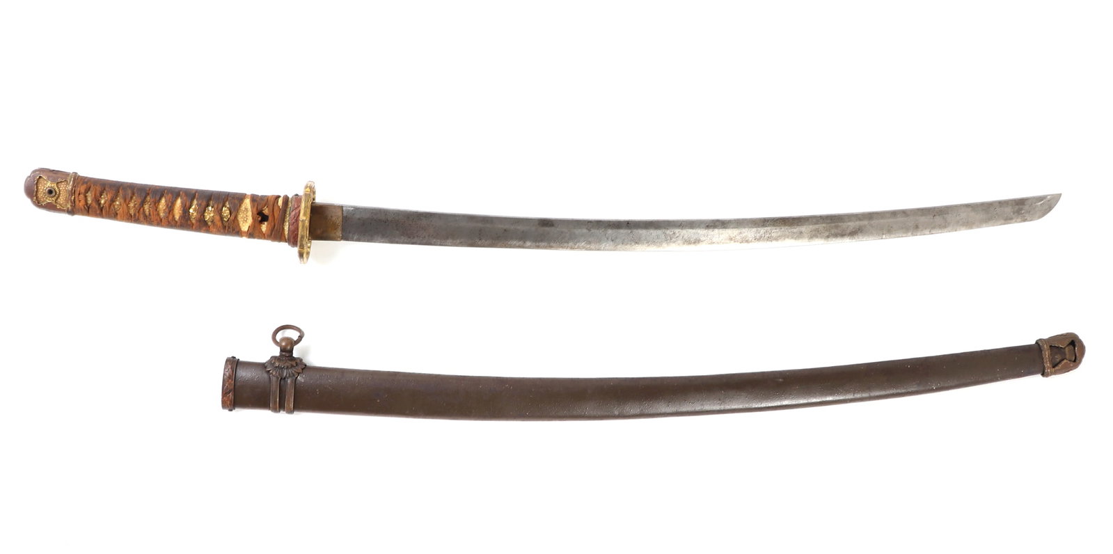 WWII Imperial Japanese Army Officers Katana, Signed: WWII Imperial Japanese army officers Shin Gunto katana with signature to the tang. Solid tsuba guard gilt with cherry blossom in relief. Standard military menuki with three cherry blossoms. Size 38" L