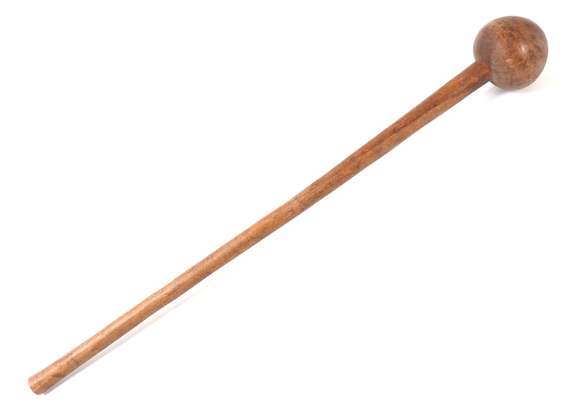 South African Zulu Knobkerrie: Hand carved from a dense hardwood, features a beautiful classic balanced design with large, smoothly rounded spherical head with a tapering cylindrical shaft. Size 28 3/4" L x 3 1/2" W