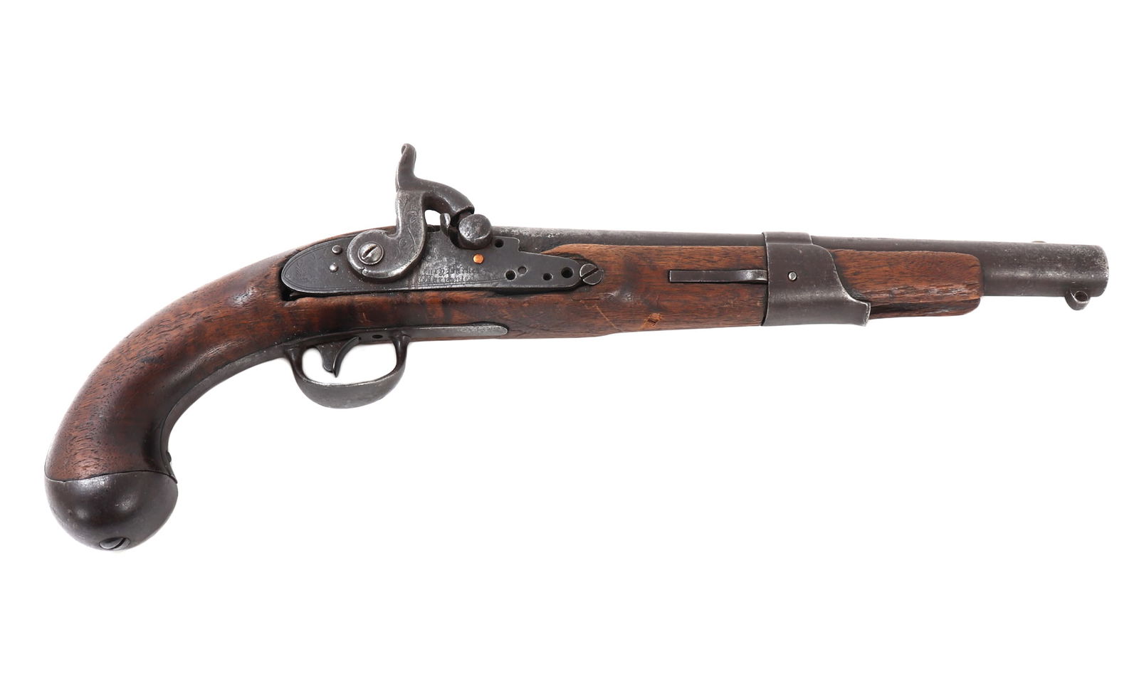 US Flintlock Converted to Percussion Pistol: Nice US flintlock pistol converted to a percussion pistol. Classic wood stock with steel barrel. Plates are intricately carved with numerous makers marks throughout the plates and body. Size 15 1/2" L