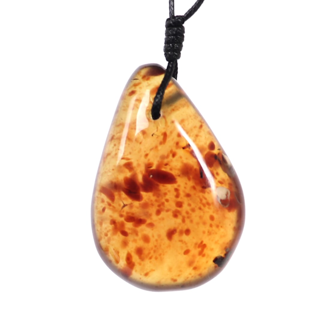 Gorgeous Raw Amber Polished Teardrop Necklace: Translucent fire amber color teardrop pendant polished to a smooth wearable rounded surface. Suspended on a double knot adjustable thread. Size 22" L, 12 grams