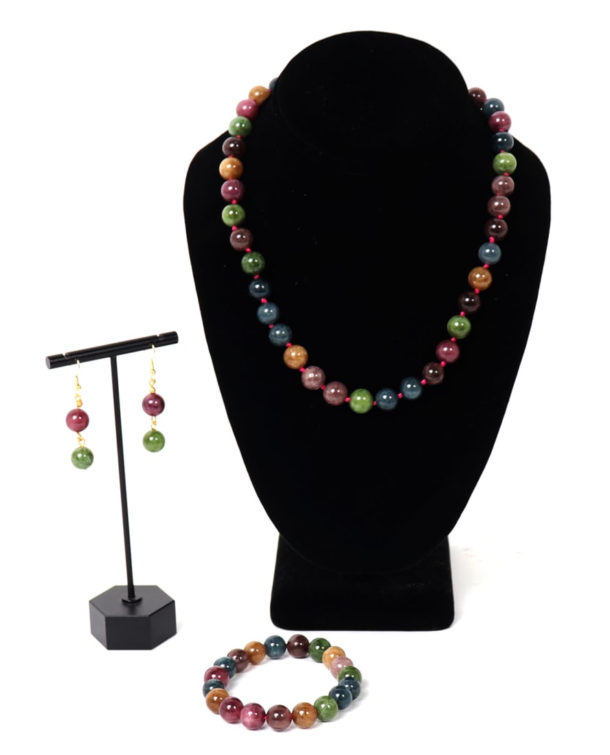 Gorgeous Raw Tourmaline Necklace Bracelet and Earring Set: Incredible rainbow colored tourmaline jewelry set including a pair of two bead dangle earrings, lovely elastic banded bracelet and rainbow colored tourmaline necklace. Size of necklace 20" L, bracelet