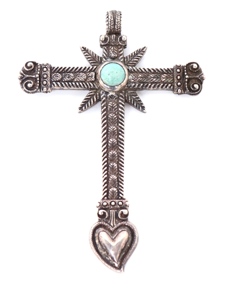 Old Sterling Silver Cross Pendant w/Turquoise, England: Lovely late 19th century to early 20th century cross from England, beautifully handmade and detailed with a turquoise bead applied to the center of the cross, and incredible incised and high relief de