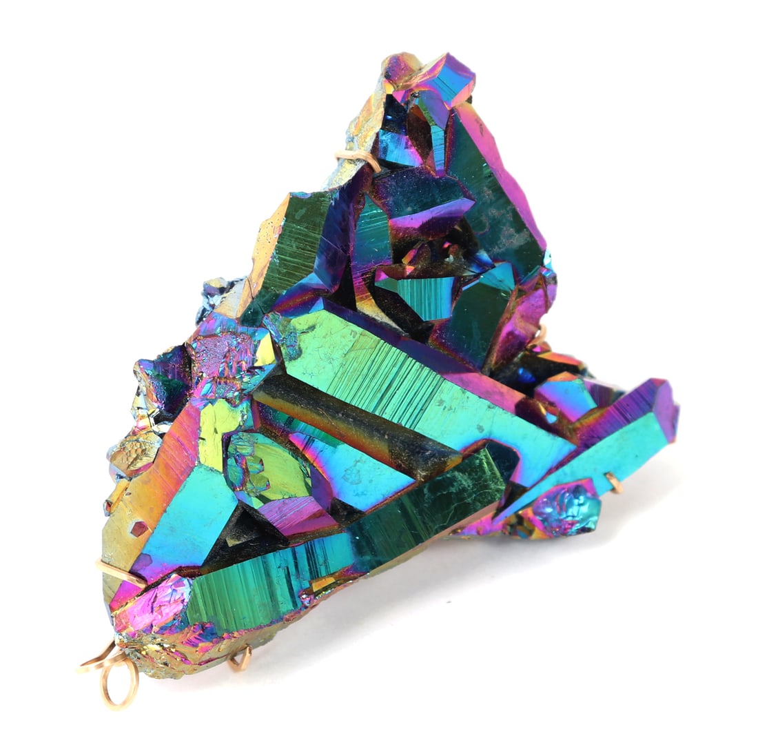Rainbow Aura Quartz Crystal Cluster: Stunning raw rainbow quartz crystal cluster which has been wire wrapped to be used as a lovely pendant. Size 3" L x 3" W, weight 60g